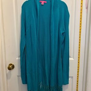 EUC Lilly Pulitzer fringe teal cardigan.